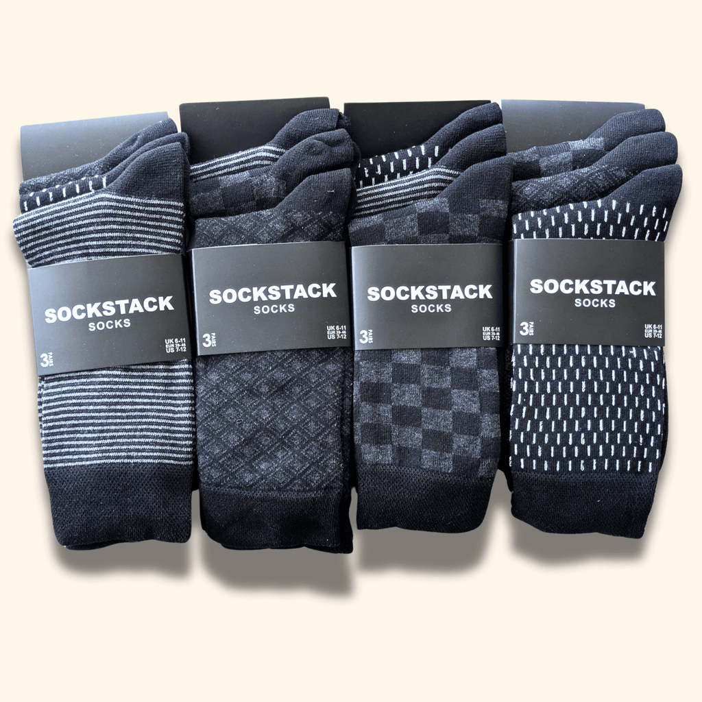 12 Pairs Men's Soft Cotton Colourful Heel Toe Black Argyle Diamond Easycare Comfortable Shoe Socks Flat Toe Seam Durable Work School Business Wear UK 6-11 by Sock Stack