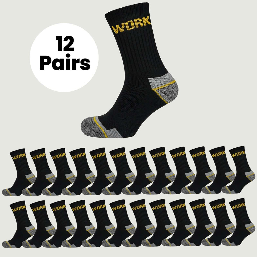12 Pairs Mens Heavy Duty Work Socks Cushion Sole Reinforced Toe Heel Durable Black Boot Sock for Construction Outdoor Jobs Walking Sizes UK 6-11 EUR 39-45 by Sock Stack