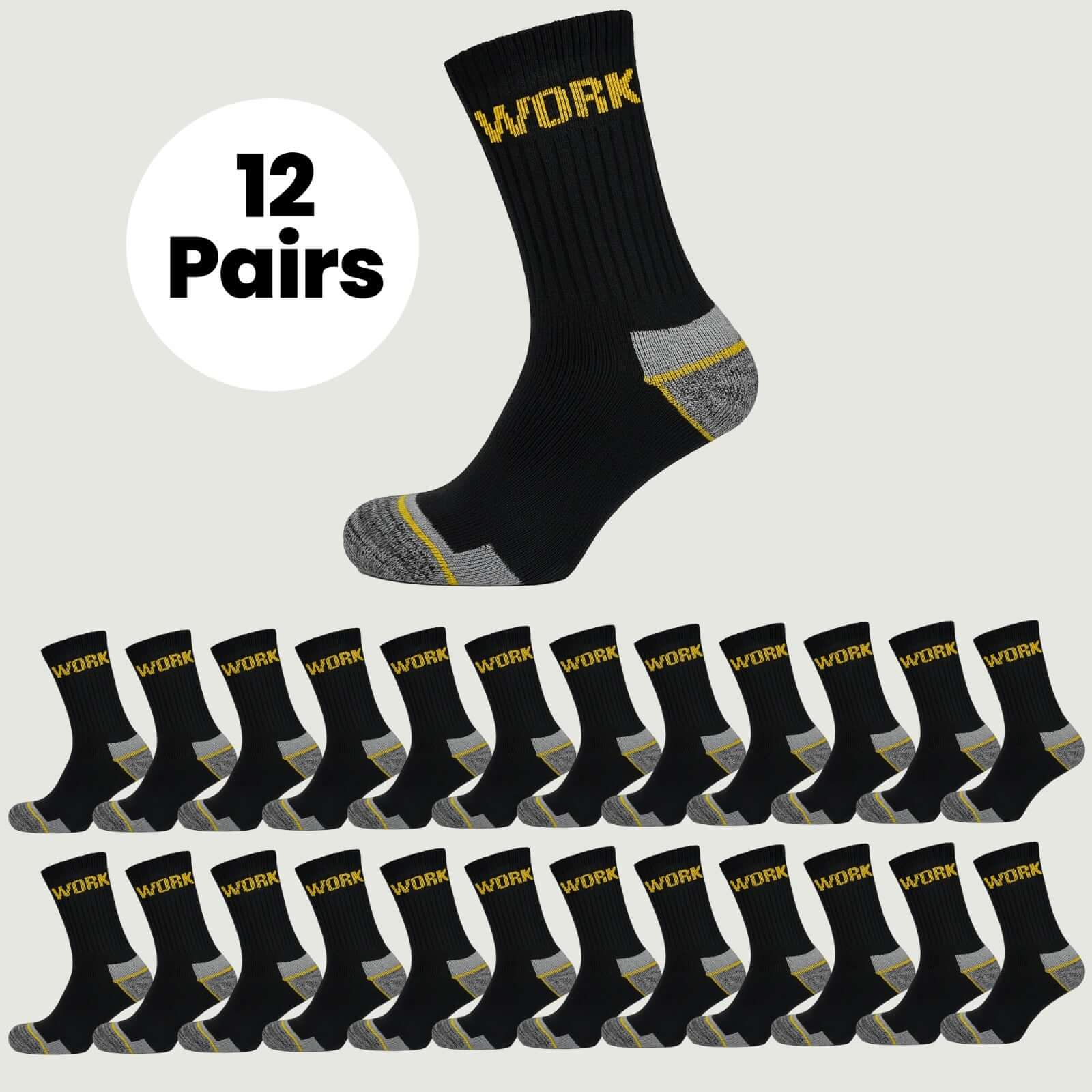 12 Pairs Mens Heavy Duty Work Socks Cushion Sole Reinforced Toe Heel Durable Black Boot Sock for Construction Outdoor Jobs Walking Sizes UK 6-11 EUR 39-45 by Sock Stack