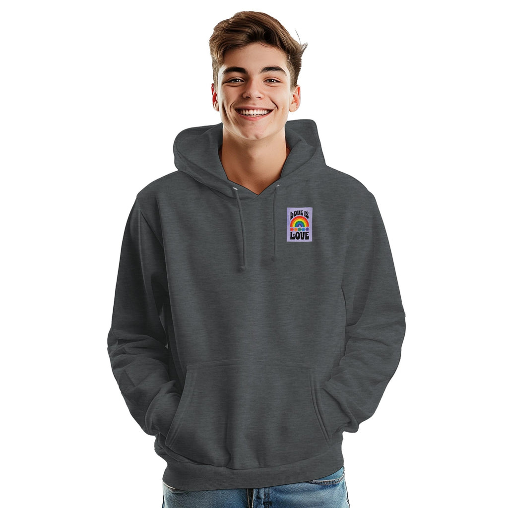 Love Is Love Hoodie – Retro LGBTQ+ Pride Pullover | JustHoods JH001 Premium Unisex Sweatshirt with Rainbow Pocket Print