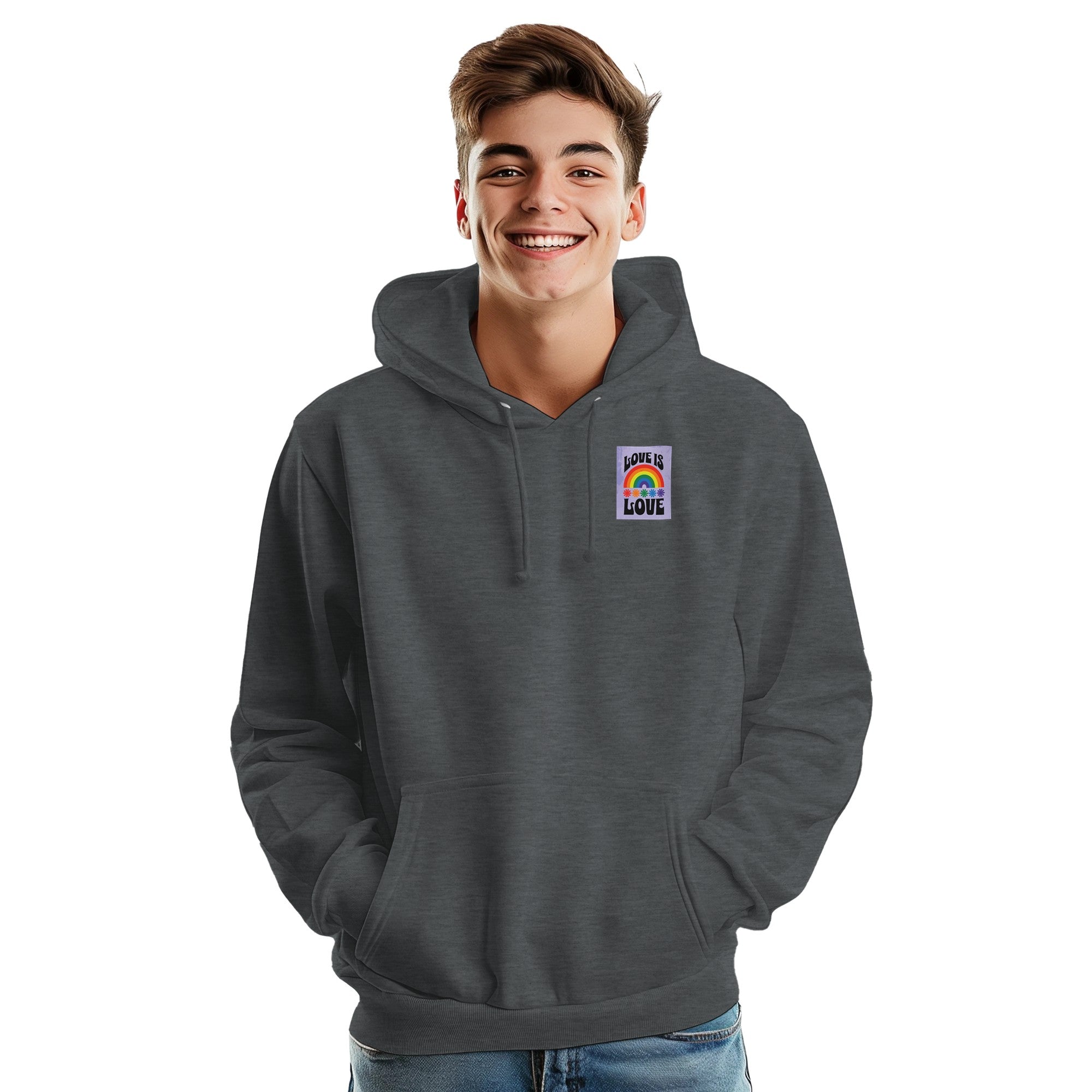 Love Is Love Hoodie – Retro LGBTQ+ Pride Pullover | JustHoods JH001 Premium Unisex Sweatshirt with Rainbow Pocket Print