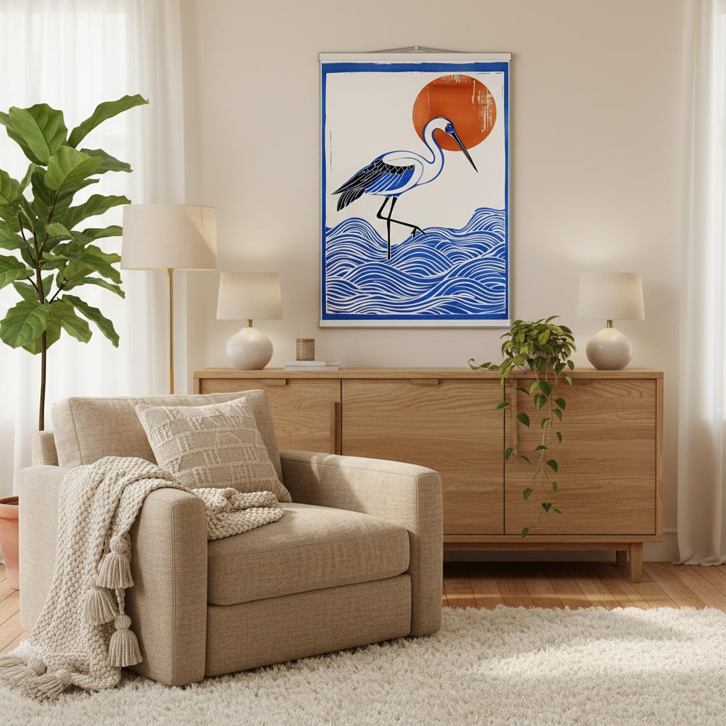 Minimalist Crane Wall Art Poster with Hanger - Japanese Ocean Prints - Modern Home Decor