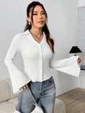 Shoulder Bell Sleeve Solid Color Long-sleeved Top