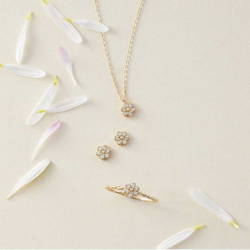 Fresh Sweet And Simple Flower Set Sterling Silver Ring Necklace