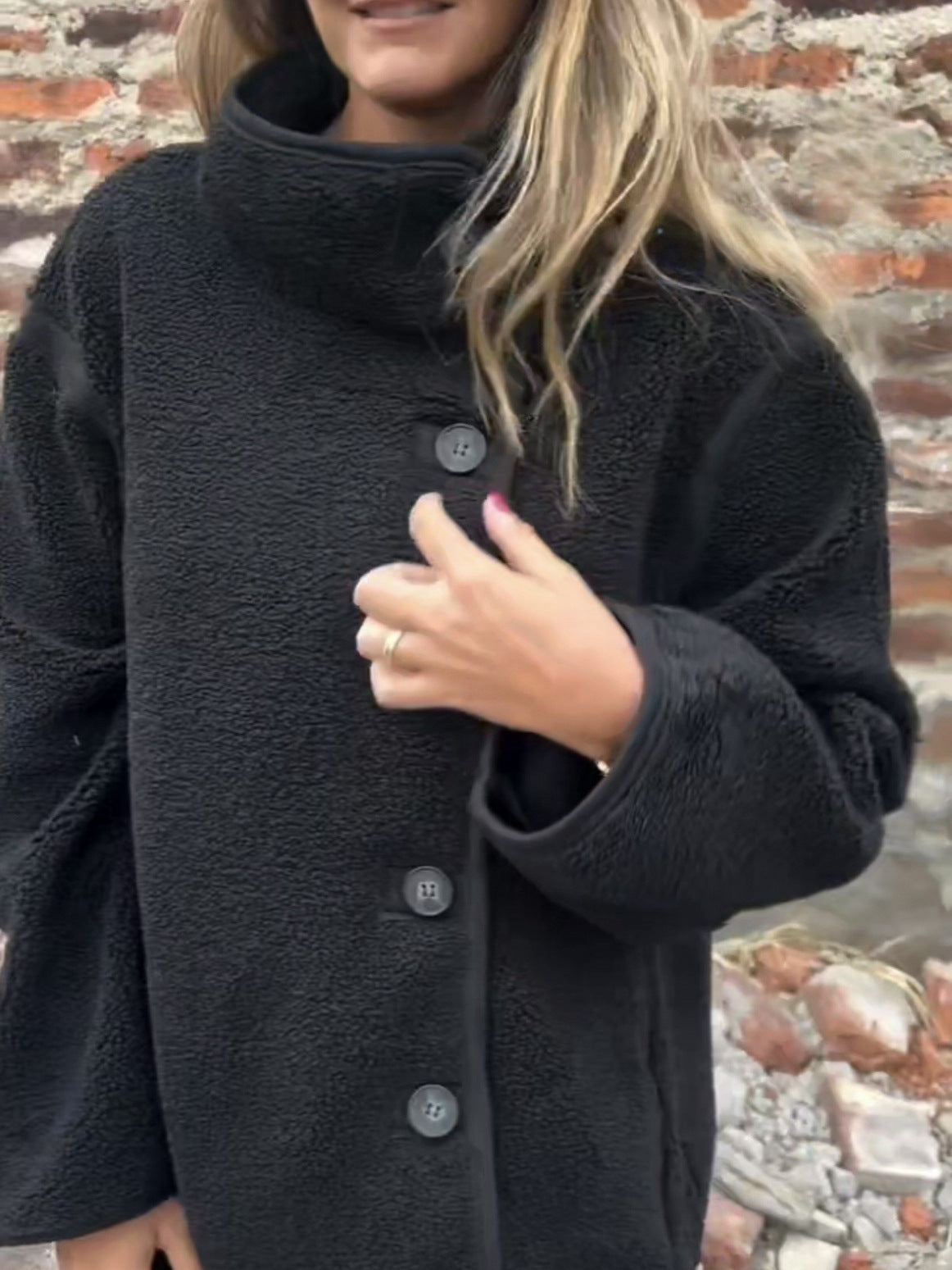 Button Furry Coat Lapel Button Loose And Warm Fleece Shirt