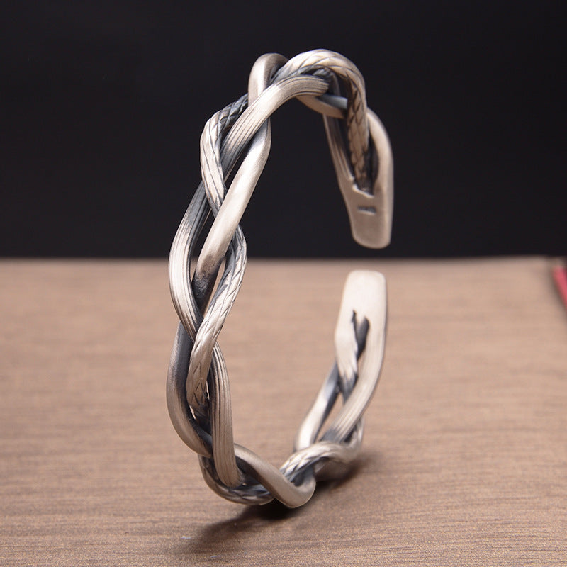 Sterling Silver Retro Three-strand Twist Bracelet Light Luxury All-match Elegant Couple Jewelry Adjustable Opening