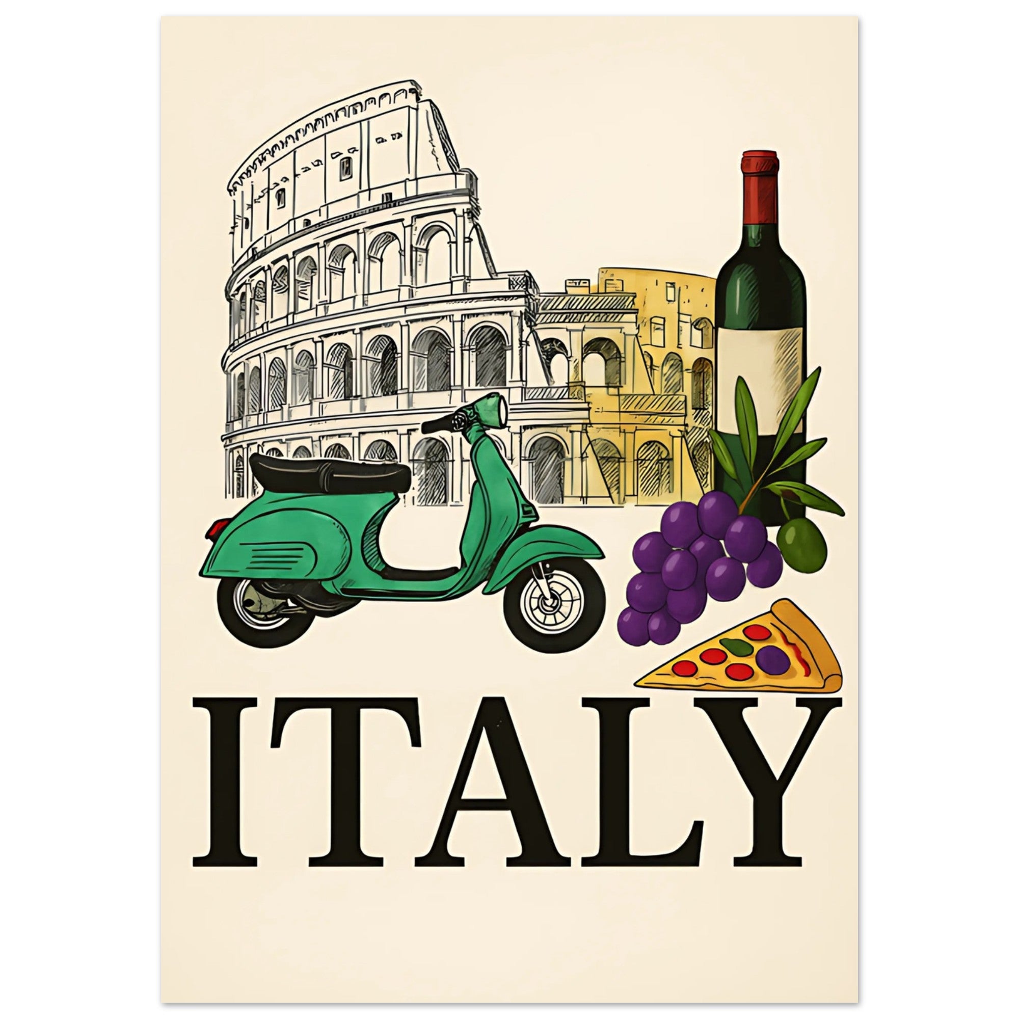 Vintage Italy Travel Poster - Vespa, Pizza & Wine - Italian Home Decor
