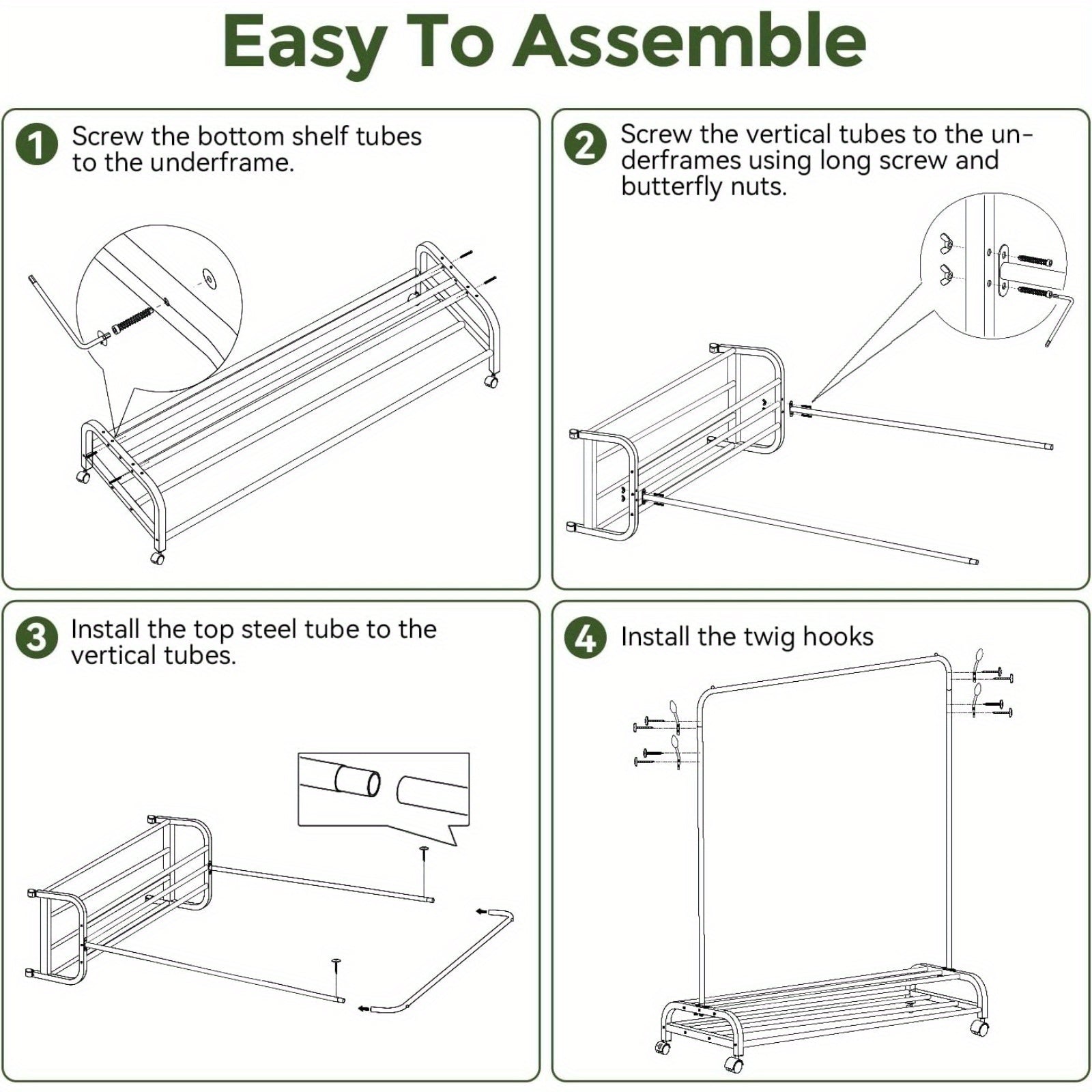Heavy Duty Clothes Rail with Wheels & 2-Tier Storage Shelf - Mobile Garment Rack for Bedroom