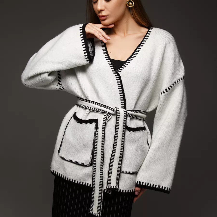 Lace-up Knitted Cardigan Loose Mid-length Sweater Coat