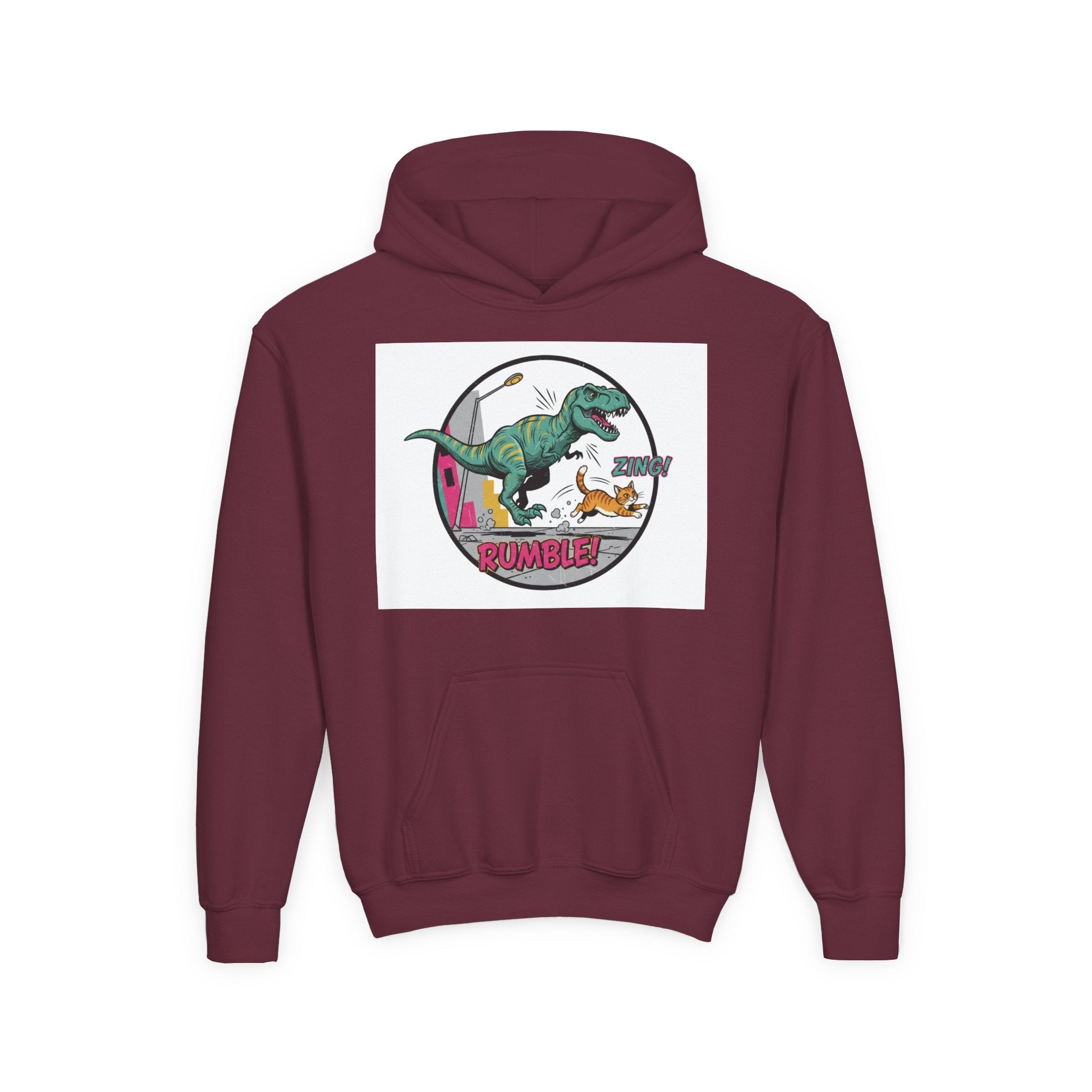 T-Rex Chase Dino Rumble Youth Hoodie | Dinosaur Graphic Sweatshirt