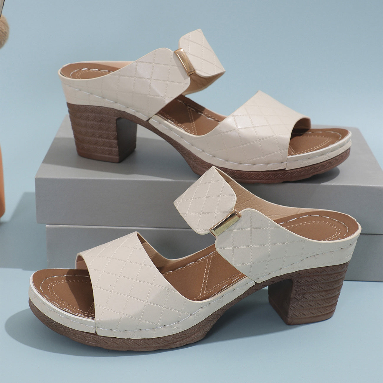 Chunky Heel Sandals Summer Round Toe Plaid Slides Slippers Fashion Outdoor High Heels Shoes For Women
