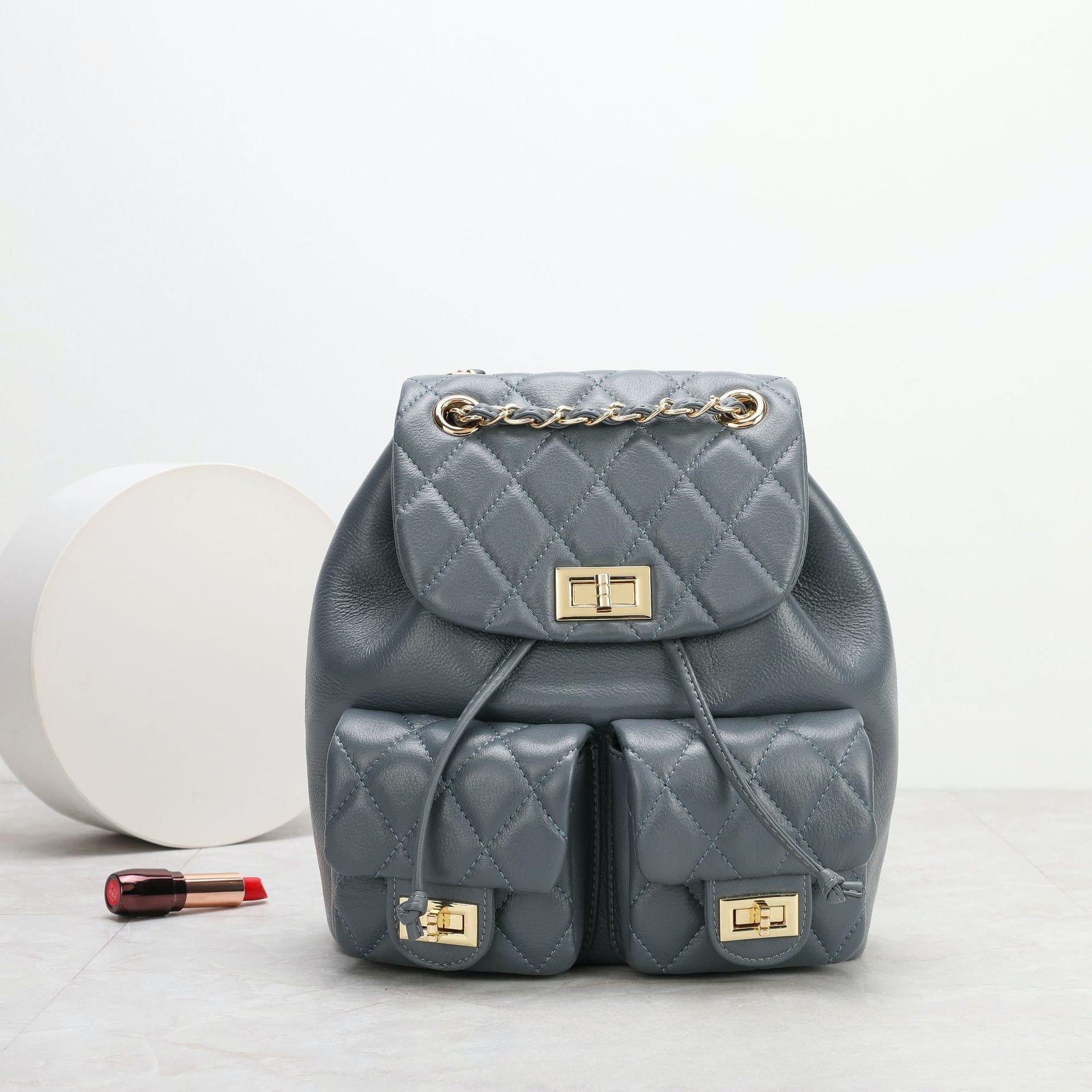 First Layer Cowhide Rhombus Chain Backpack Advanced Texture All-matching