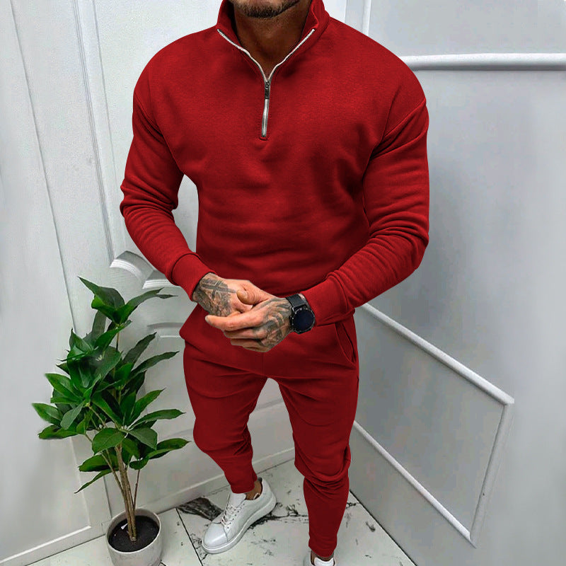 Men's Casual Fleece-lined Solid Color Top And Trousers Suit
