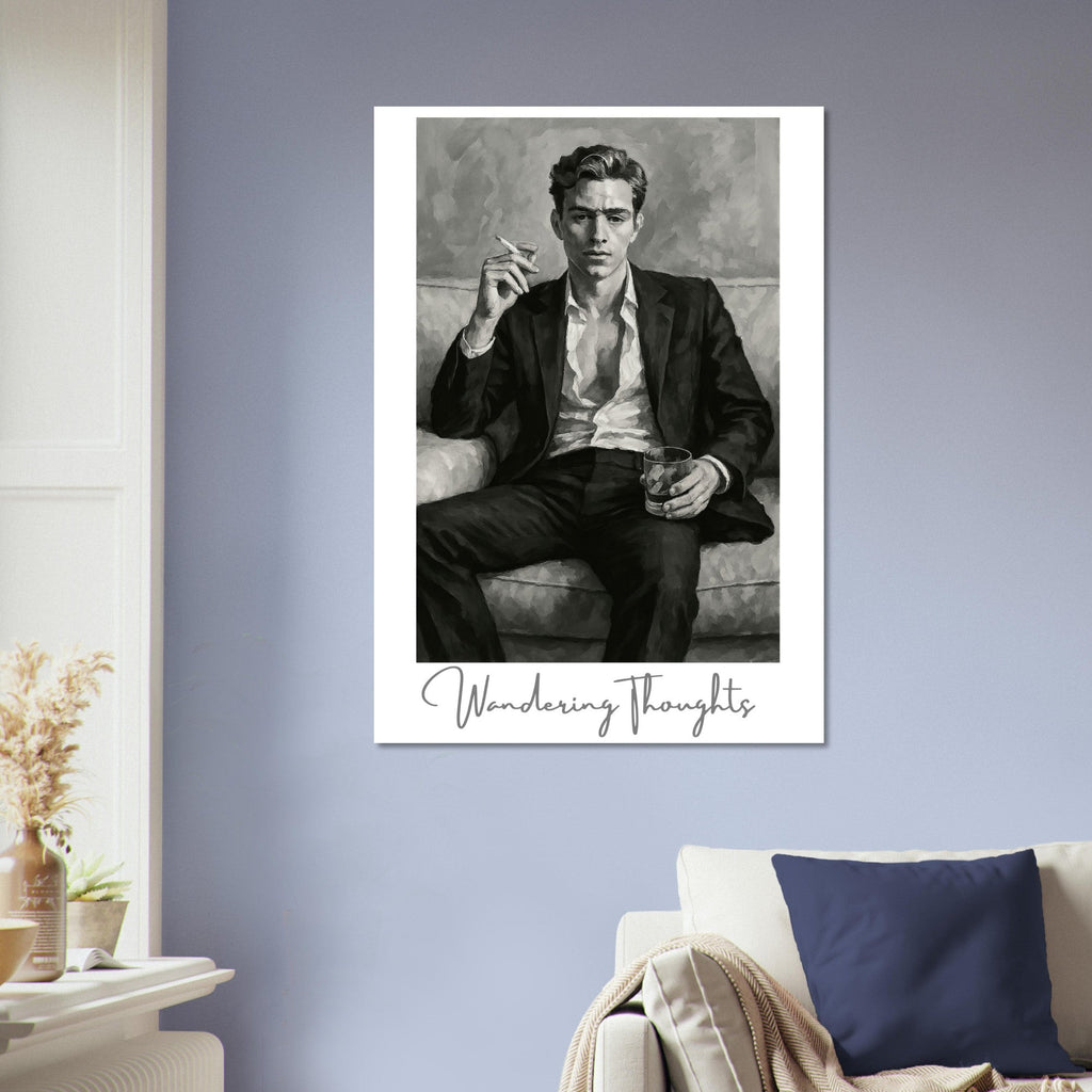 Contemplative Mood Poster. Stylish Man with Whiskey & Cigarette - Retro Decor