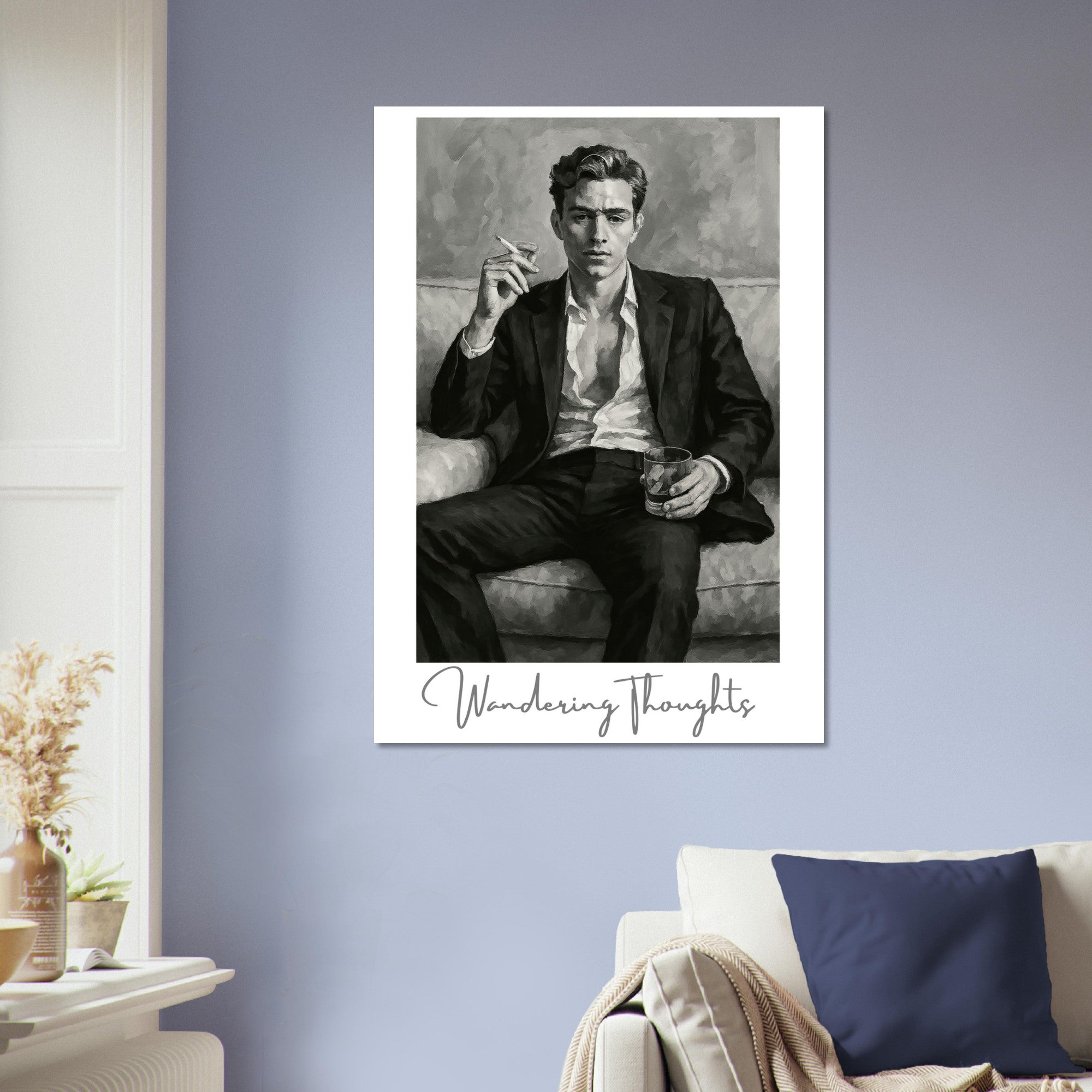 Contemplative Mood Poster. Stylish Man with Whiskey & Cigarette - Retro Decor