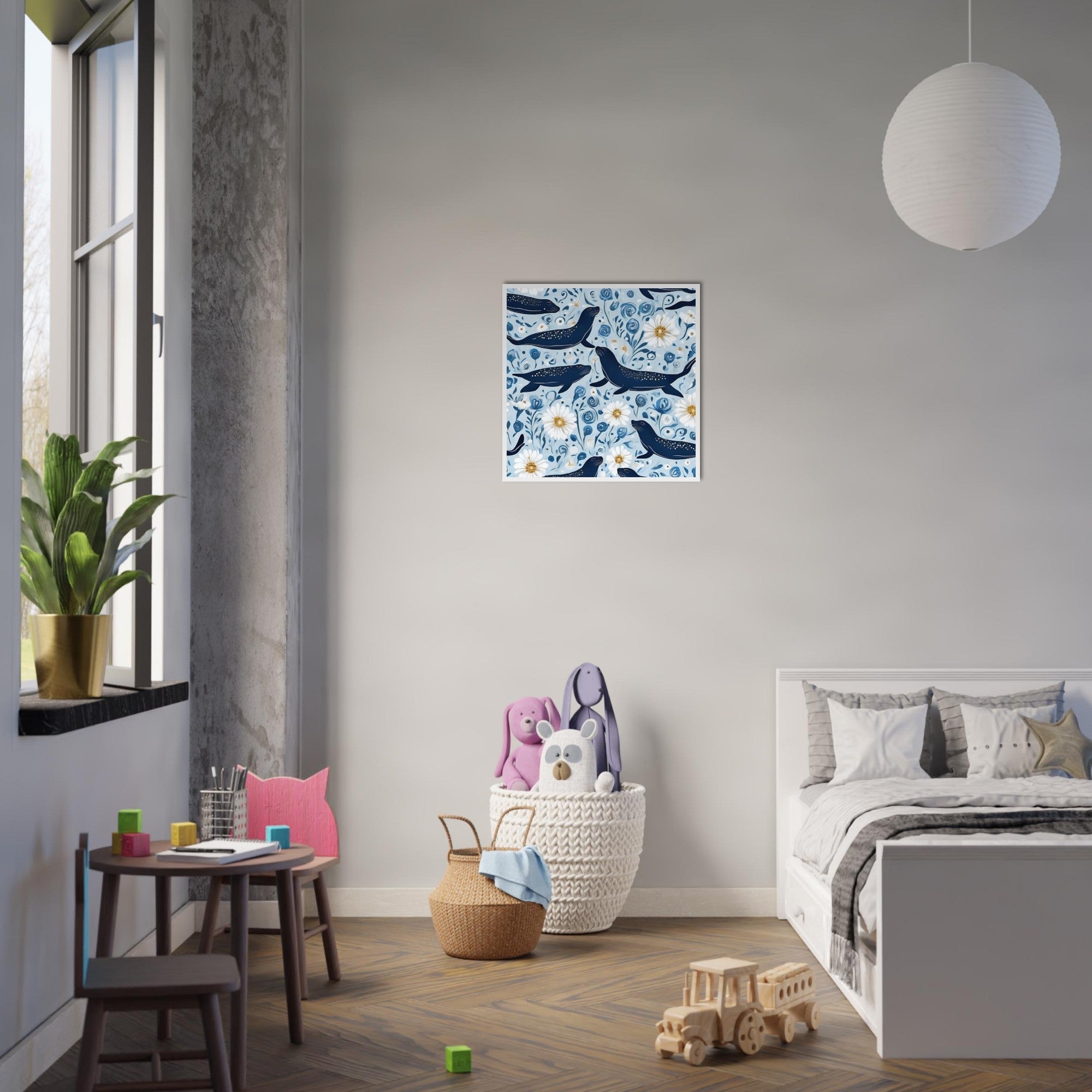 Whimsical Seal and Daisy Framed Wall Art – Coastal Nature Print, Ready to Hang
