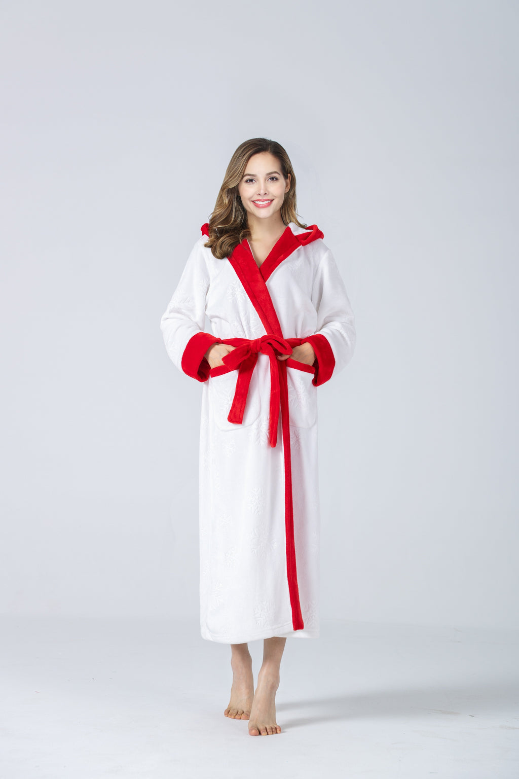 RONGTAI Womens Plush Fleece Hooded Bathrobe, Thick Nightgown Long Robe Sleepwear With Two Side Pockets And Belt