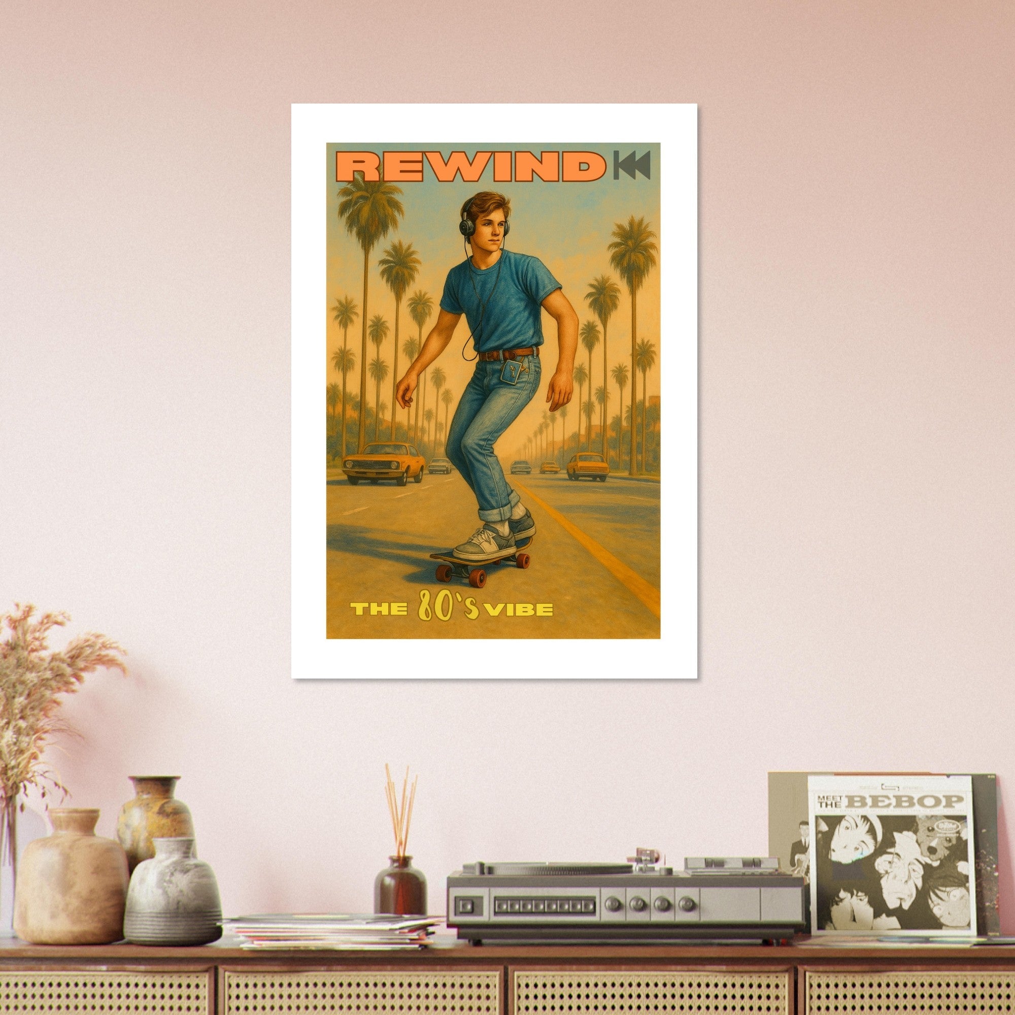 Retro 80's Vibe Poster – Skateboarder with Walkman | Vintage Wall Art