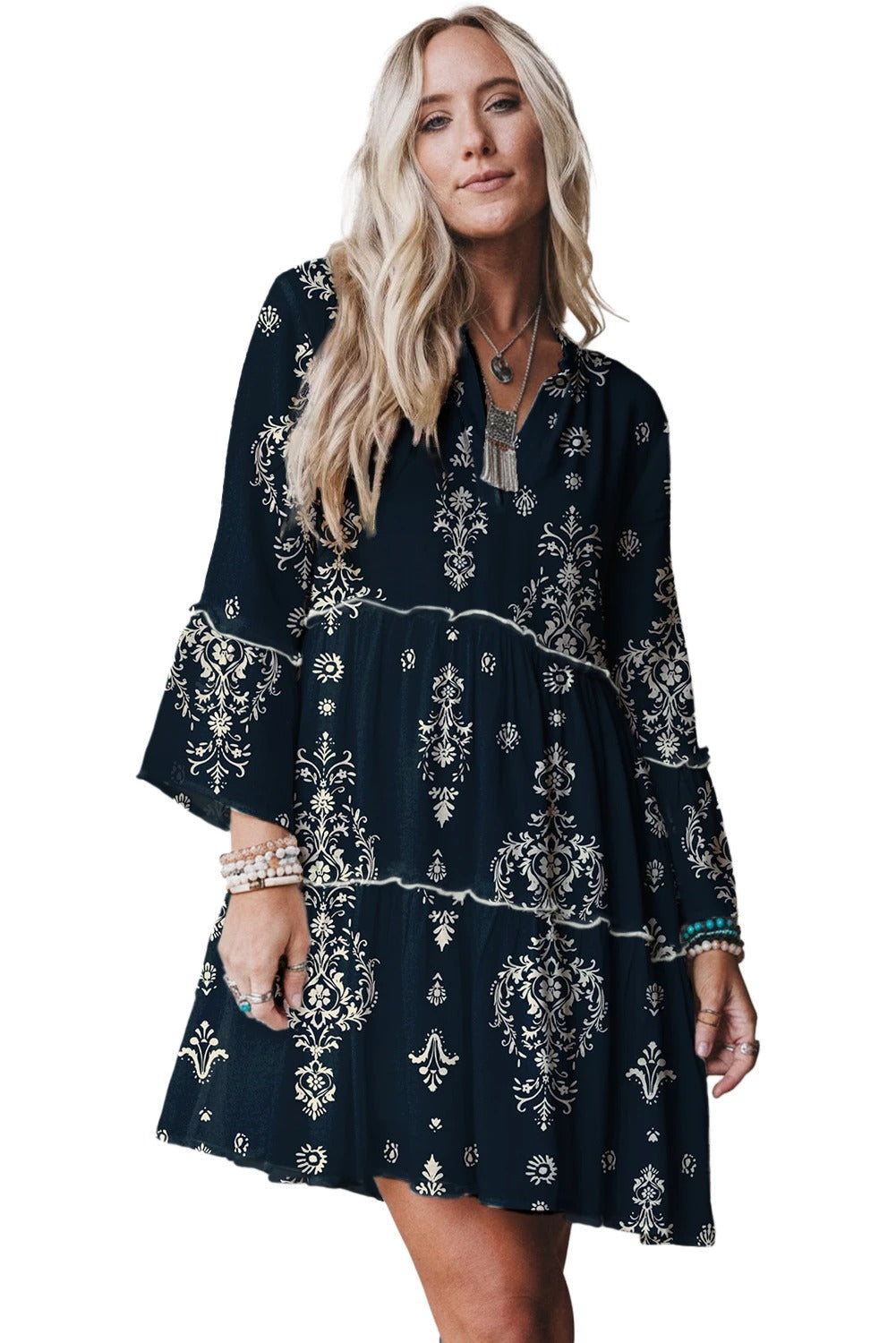 Women's V-neck Printed Ruffle Pleated Elegant Dress