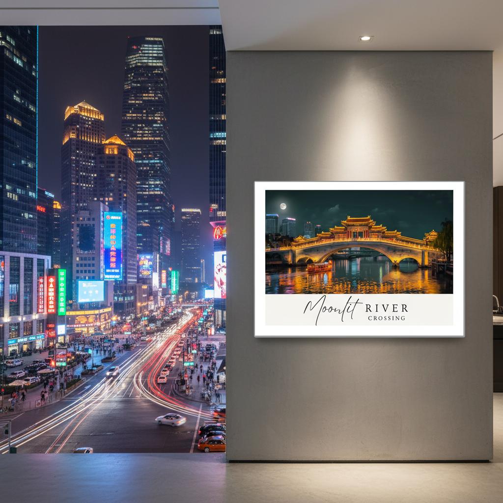 Moonlit River Crossing Poster - Illuminated Bridge Night Scene - Modern Landscape Wall Art Print