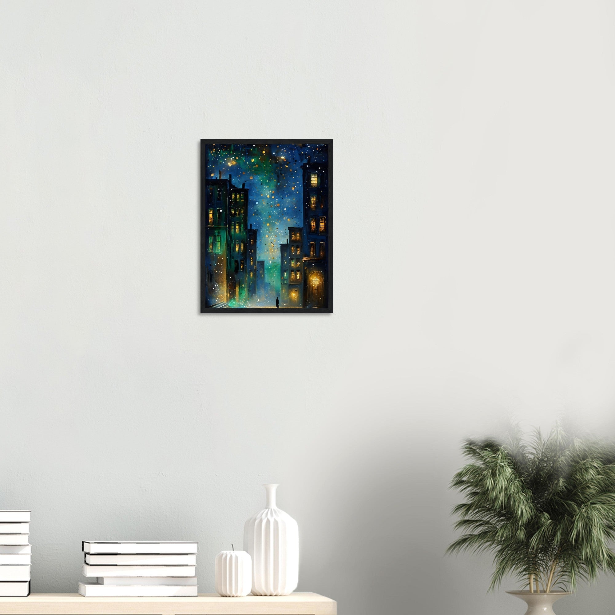 Surreal Urban Night Scene Poster - Vibrant Reflection - Black Framed Art Ready to Hang
