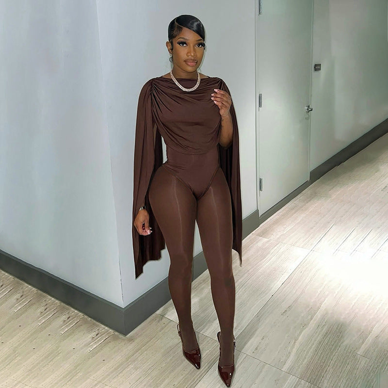 Solid Color Casual Slim-fitting Patchwork Long Sleeve Open Arm Mesh Long Conjoined Trousers