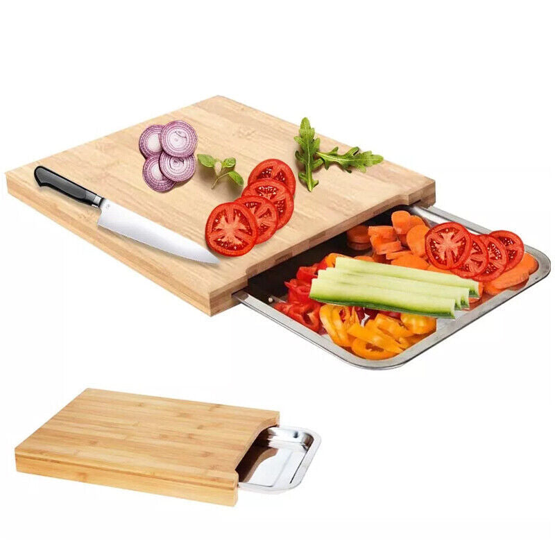 Bamboo Wooden Chopping Board Cutting Slicing  Sliding Stainless Steel Tray