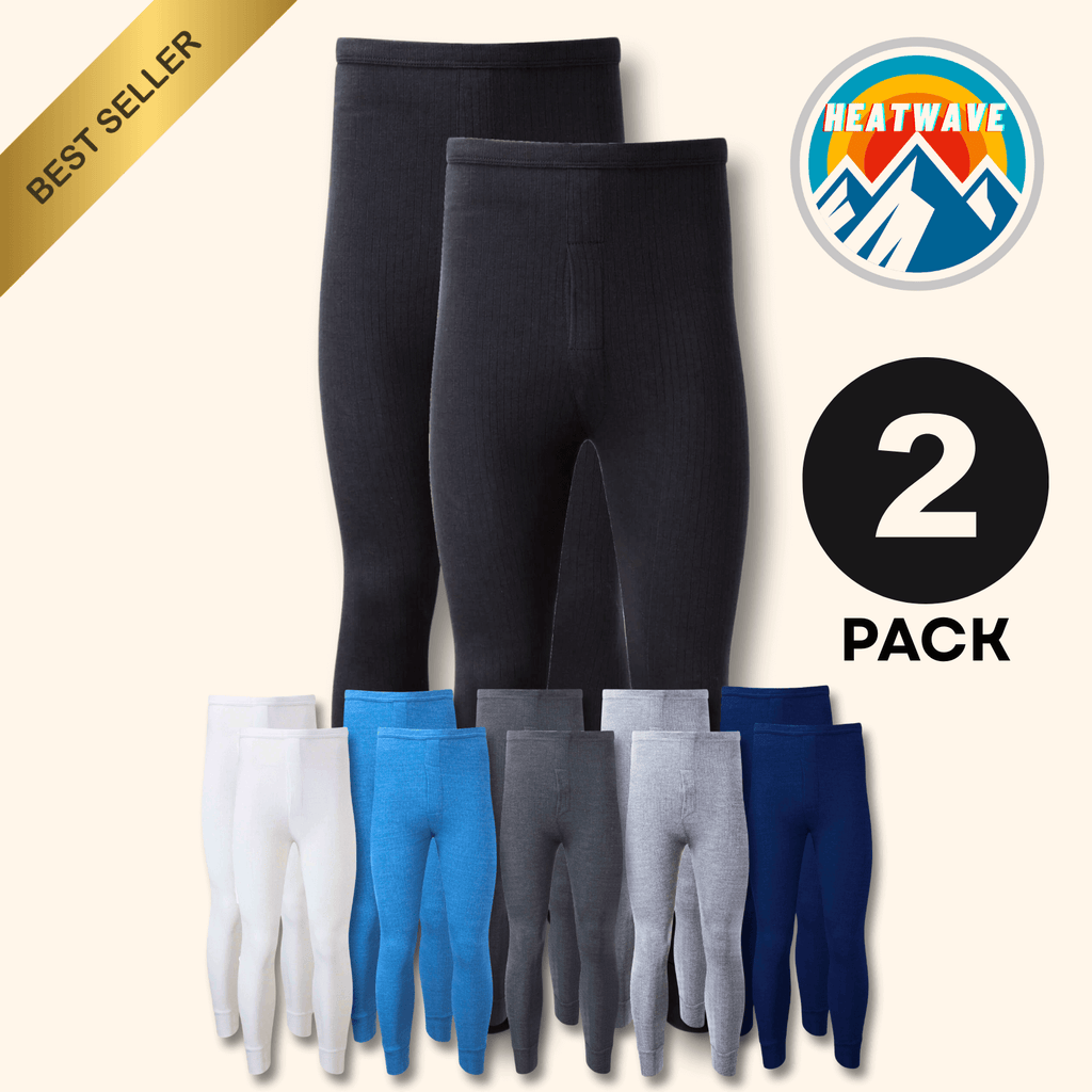 2 Pack Men's Thermal Underwear Long John Trousers Bottom Warm Durable Baselayer Insulated Brushed Yarn for Running Hiking Outdoor Sports Workwear Small to XXL White Black Grey Navy by Heatwave Thermalwear