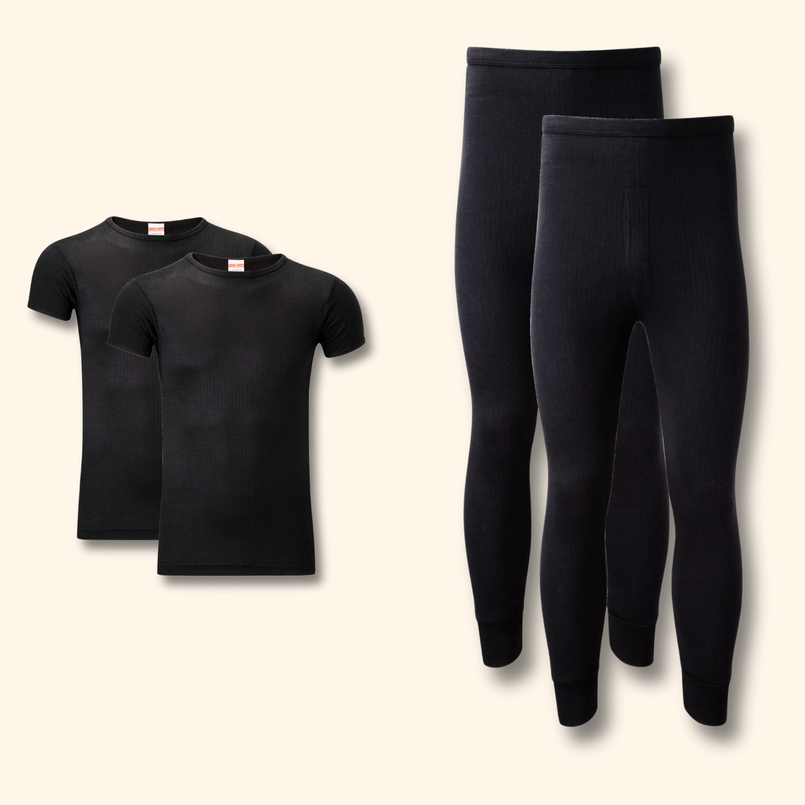 2 Pack Mens Thermal Underwear Set T Shirt Tops and Long John Bottoms Warm Baselayer Insulated Brushed Yarn for Winter Outdoor Sports in Small to XXL White Black Grey Navy by Heatwave Thermalwear