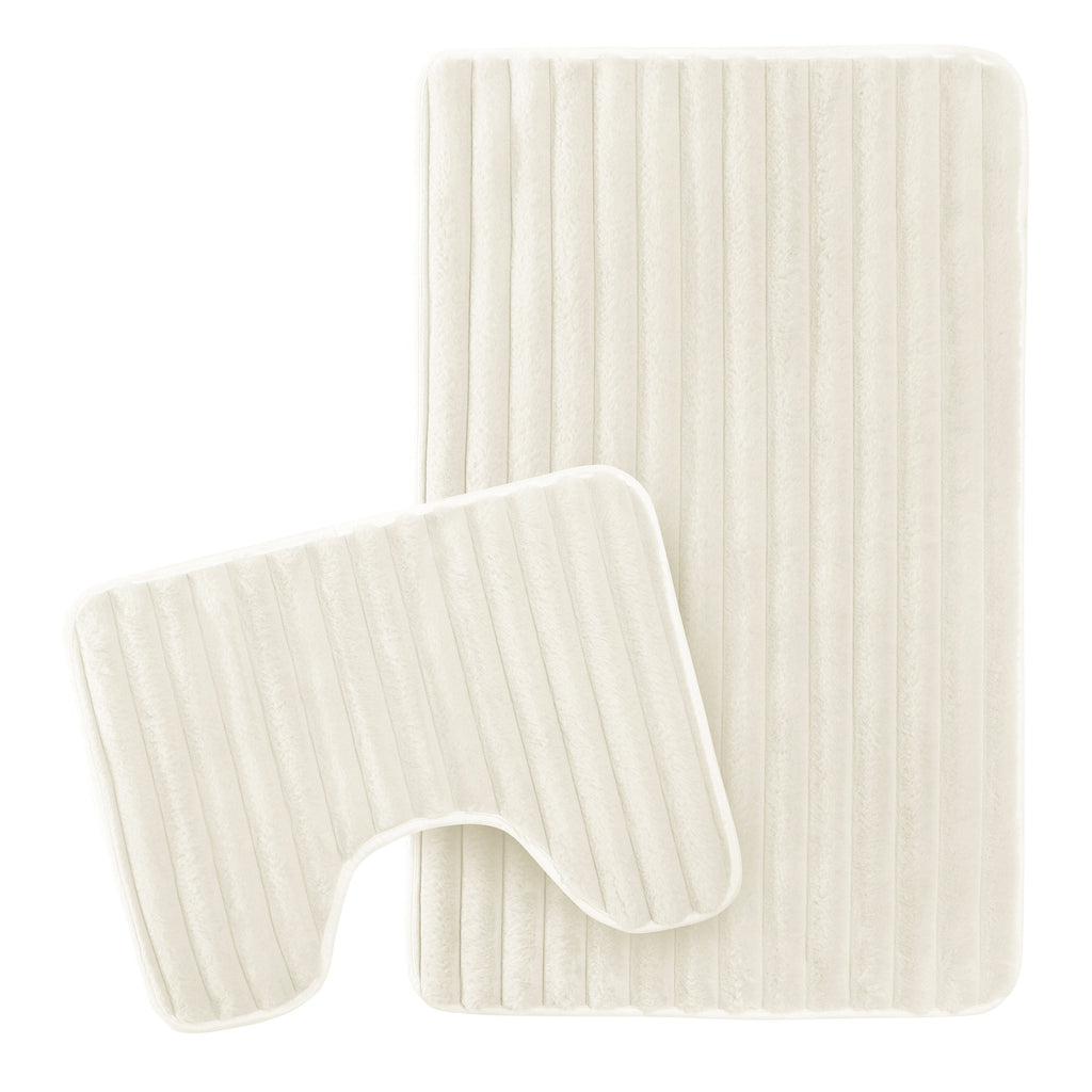 2 Piece Ribbed Bath Mat Set in Cream Extra Soft Non Slip Super Absorbent Bathroom & Toilet Mats Easy Care Rug by OLIVIA ROCCO
