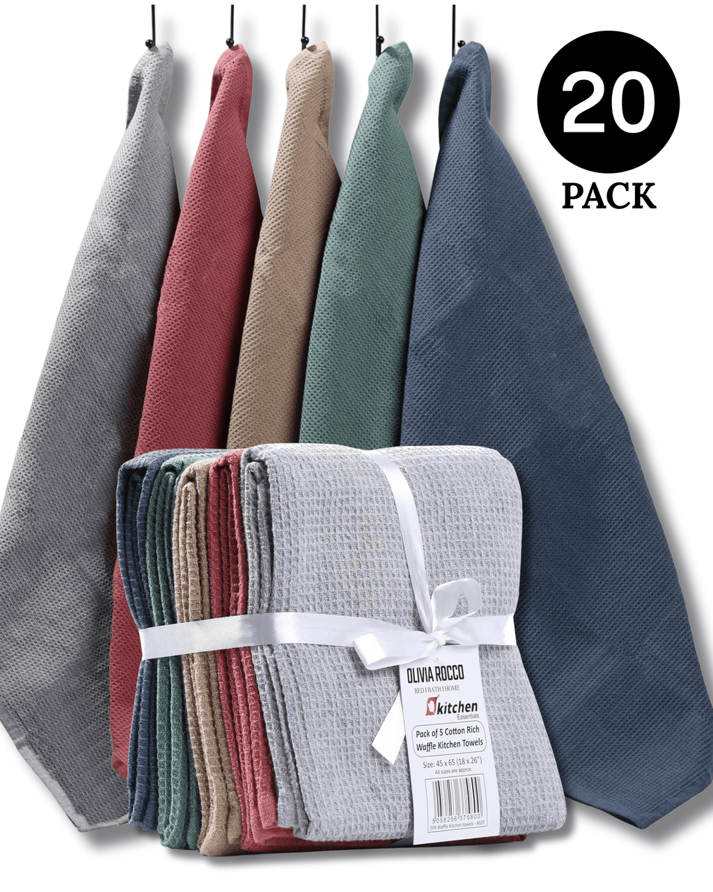 20 Pack Tea Towel Waffle Kitchen Tea Towels Cotton Absorbent Long Lasting Catering Bar Dish Towel Assorted by OLIVIA ROCCO