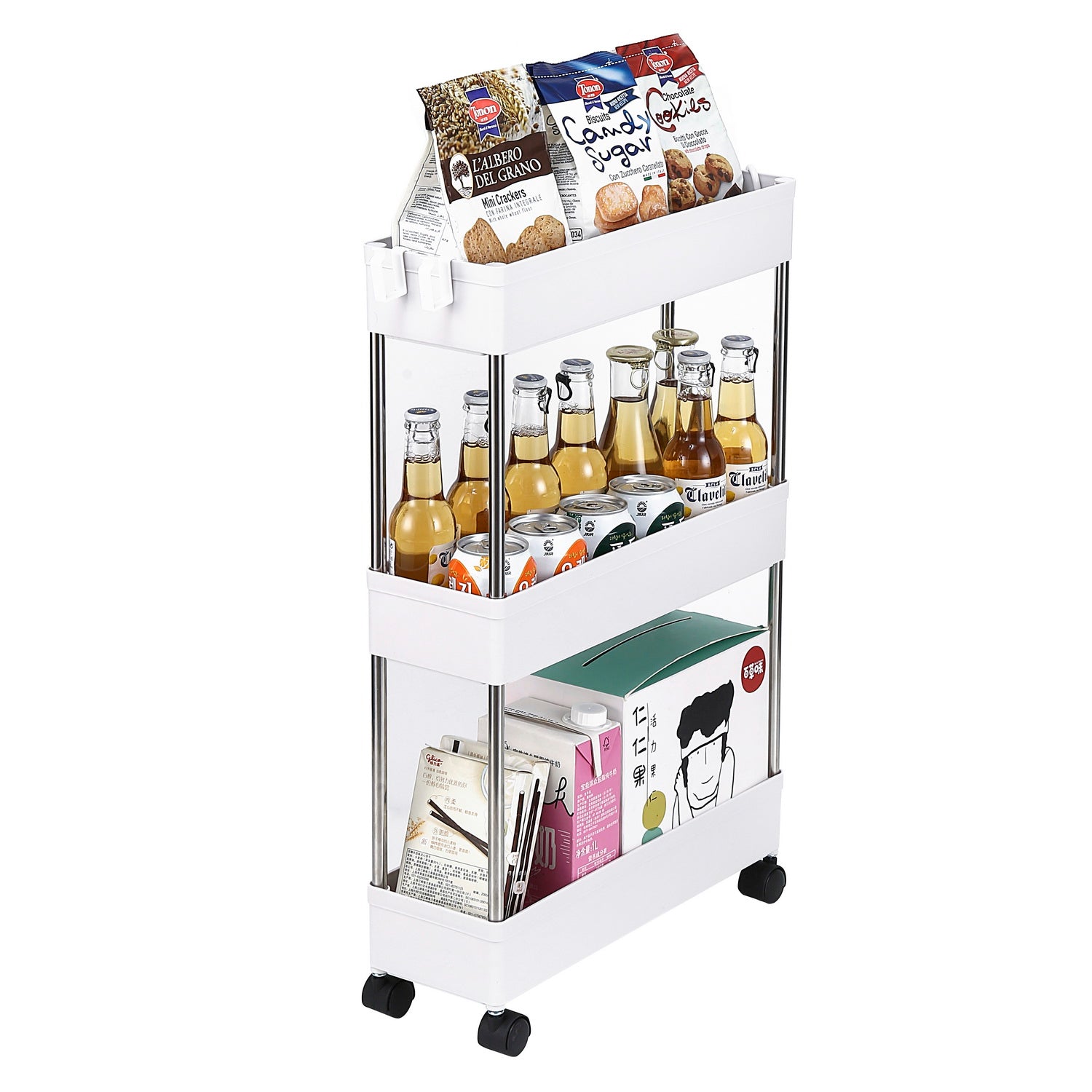 3-Layer Ultra-thin, Mobile Multi-Functional Slim Storage Cart,Suitable for Kitchen, Bathroom, Laundry Room Narrow Place, Plastic and Stainless Steel, White