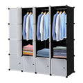 16 Cube Organizer Stackable Plastic Cube Storage Shelves Design Multifunctional Modular Closet Cabinet with Hanging Rod White Doors and Black Panels Includes 3 clothes rails