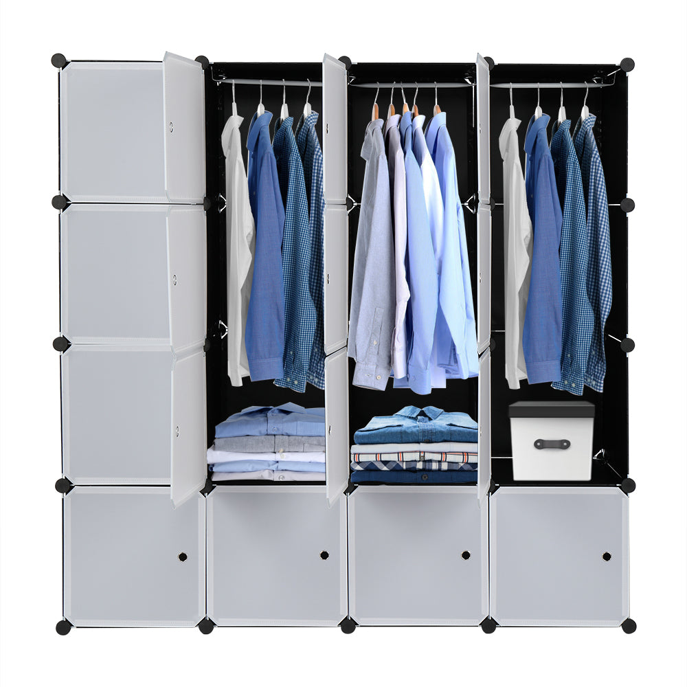 16 Cube Organizer Stackable Plastic Cube Storage Shelves Design Multifunctional Modular Closet Cabinet with Hanging Rod White Doors and Black Panels Includes 3 clothes rails