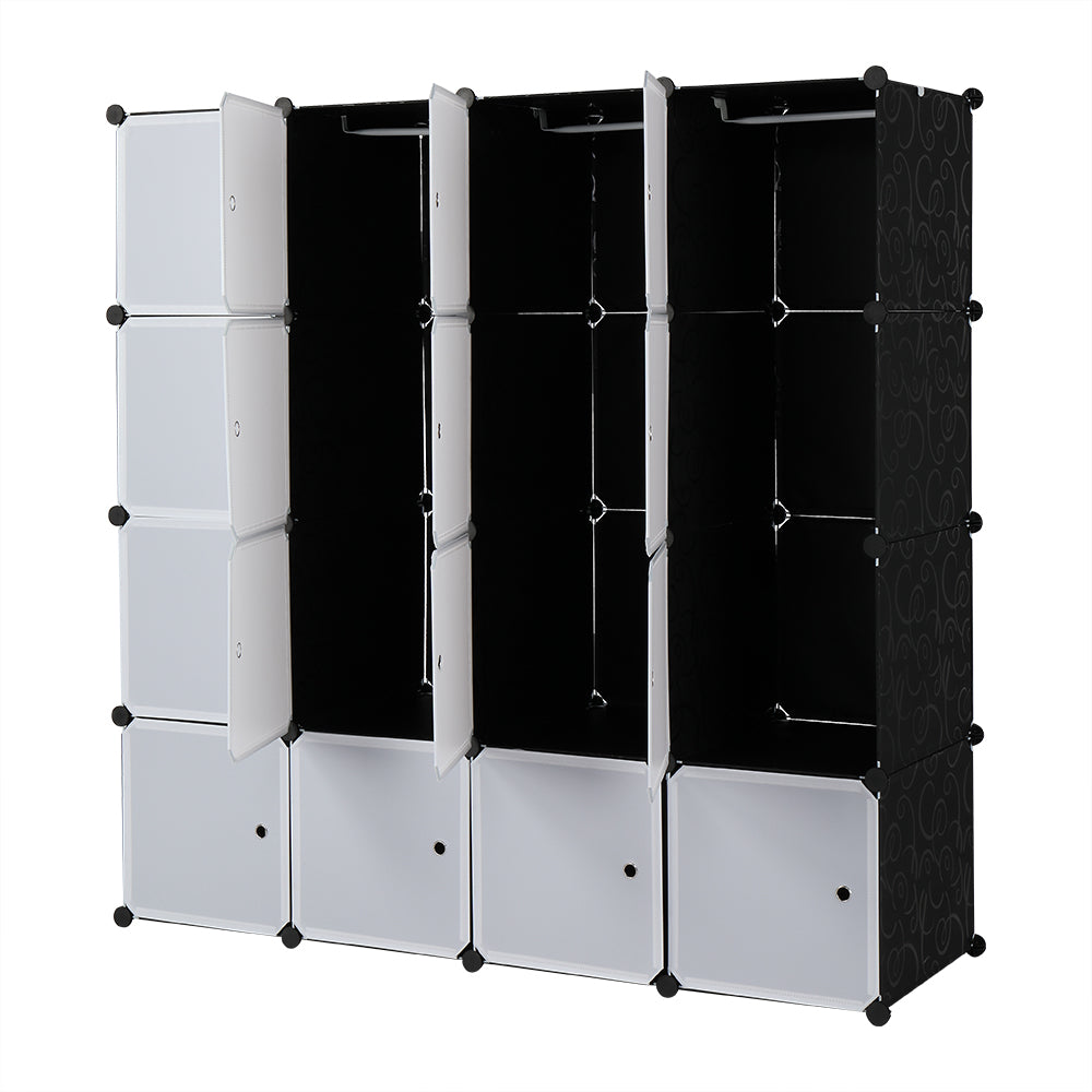 16 Cube Organizer Stackable Plastic Cube Storage Shelves Design Multifunctional Modular Closet Cabinet with Hanging Rod White Doors and Black Panels Includes 3 clothes rails