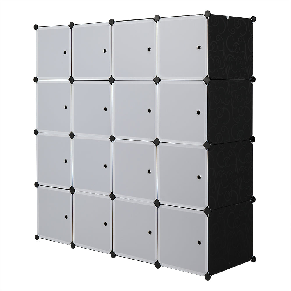 16 Cube Organizer Stackable Plastic Cube Storage Shelves Design Multifunctional Modular Closet Cabinet with Hanging Rod White Doors and Black Panels Includes 3 clothes rails