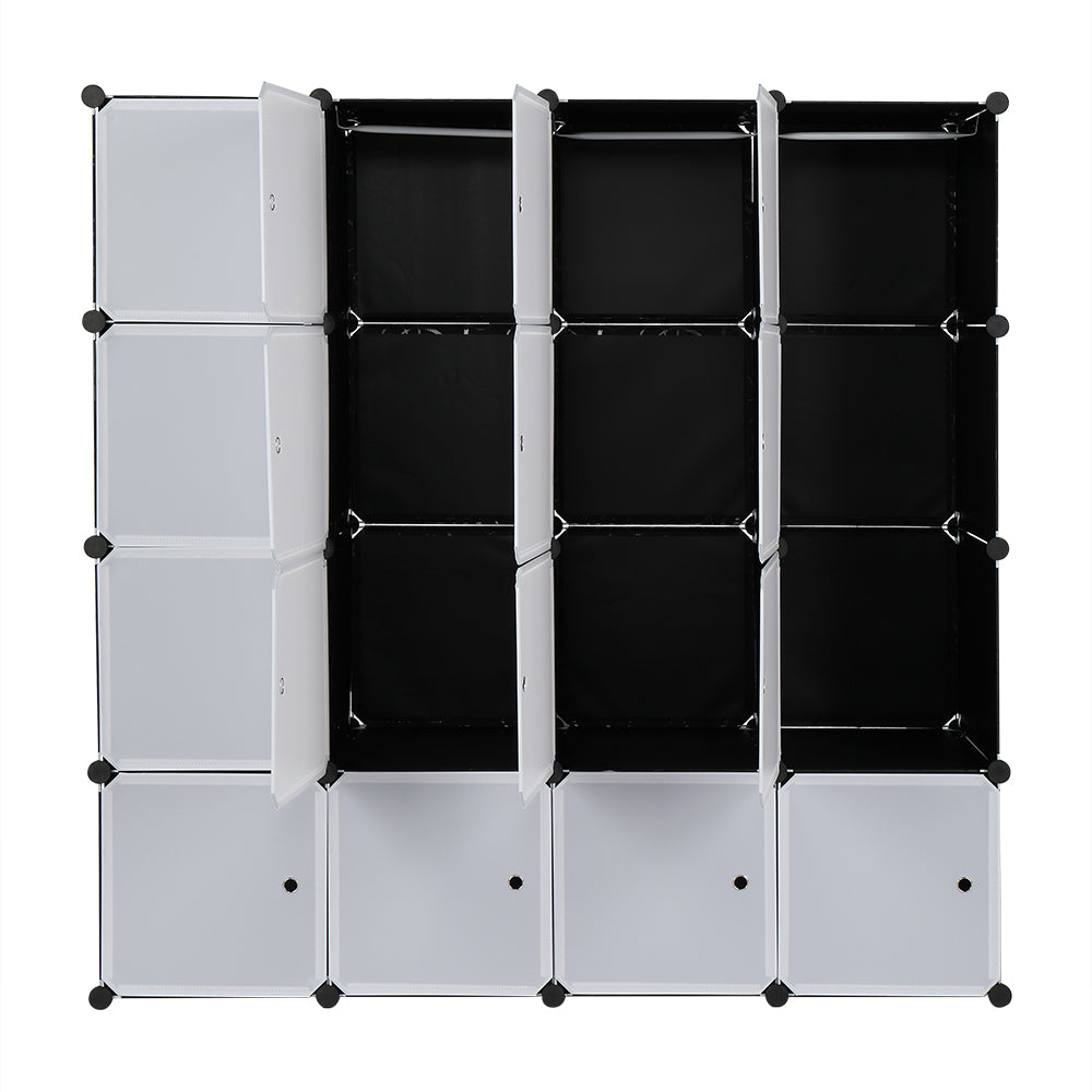 16 Cube Organizer Stackable Plastic Cube Storage Shelves Design Multifunctional Modular Closet Cabinet with Hanging Rod White Doors and Black Panels Includes 3 clothes rails