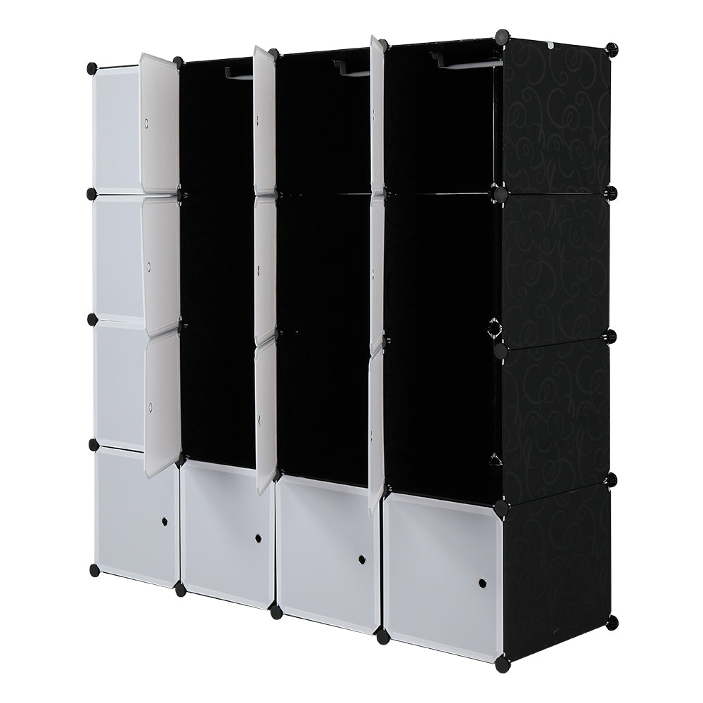 16 Cube Organizer Stackable Plastic Cube Storage Shelves Design Multifunctional Modular Closet Cabinet with Hanging Rod White Doors and Black Panels Includes 3 clothes rails