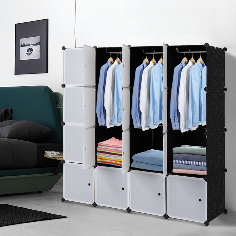 16 Cube Organizer Stackable Plastic Cube Storage Shelves Design Multifunctional Modular Closet Cabinet with Hanging Rod White Doors and Black Panels Includes 3 clothes rails