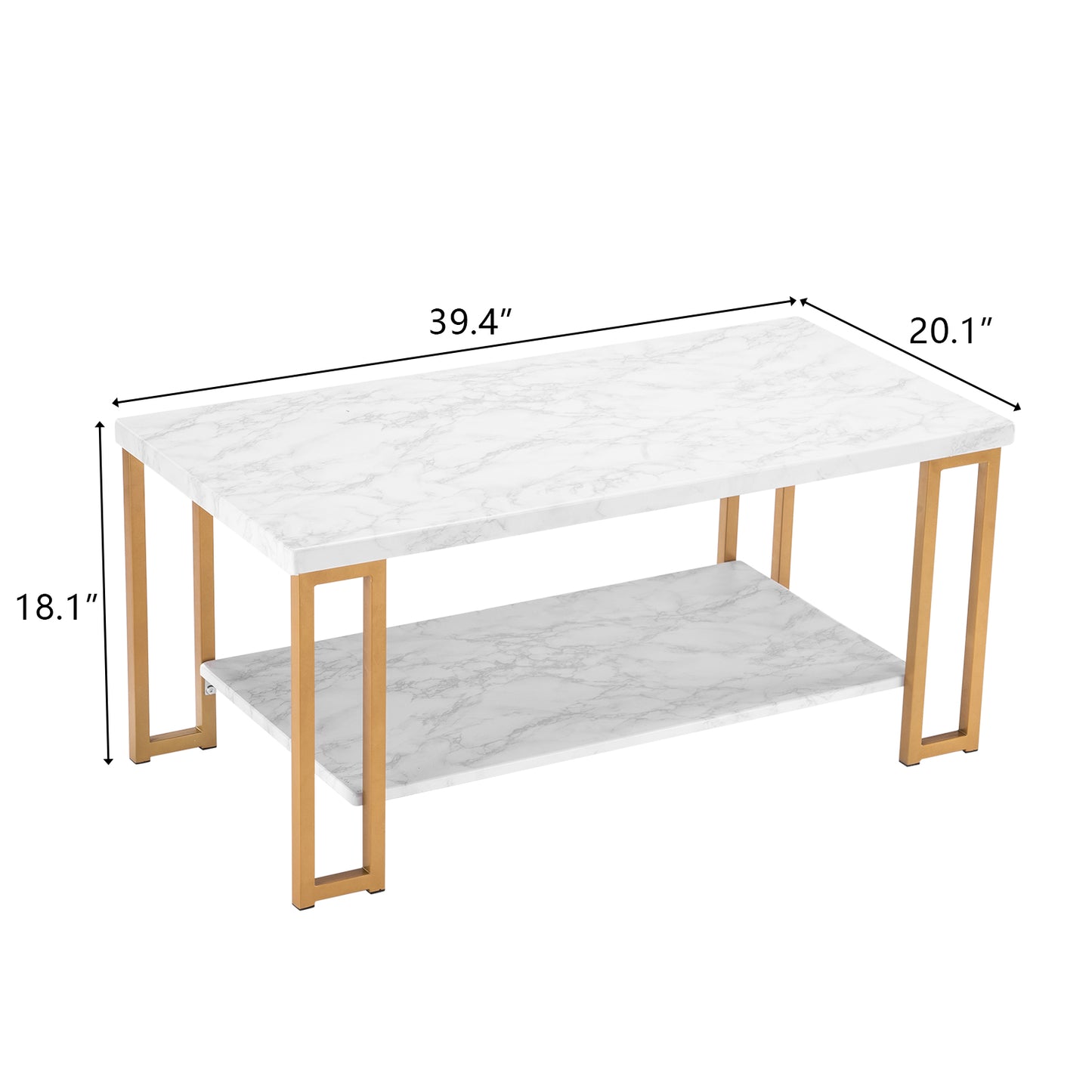 (106 x 50 x 48cm) Simple Double-layer Golden Iron Pipe Marble PVC Coffee Table Rectangular