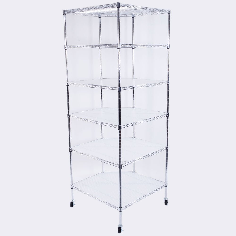 6-Layer Chrome Plated Polygonal Corner Shelf with 2" PP Wheels 680*680*1800 Silver