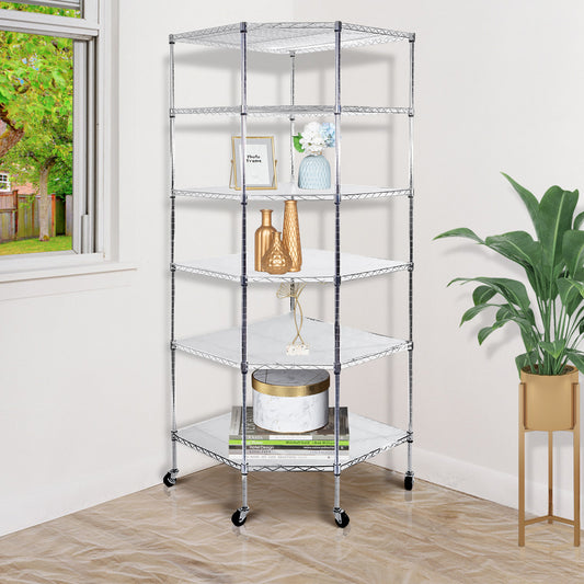 6-Layer Chrome Plated Polygonal Corner Shelf with 2" PP Wheels 680*680*1800 Silver