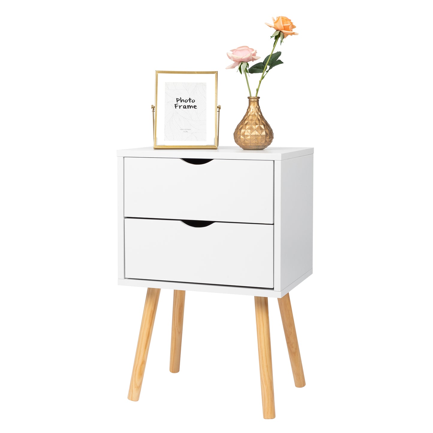 40*30*60cm Simple And Modern White Cabinet, Wood Color Legs, MDF Spray Paint, High Legs, Two Drawers, Bedside Table