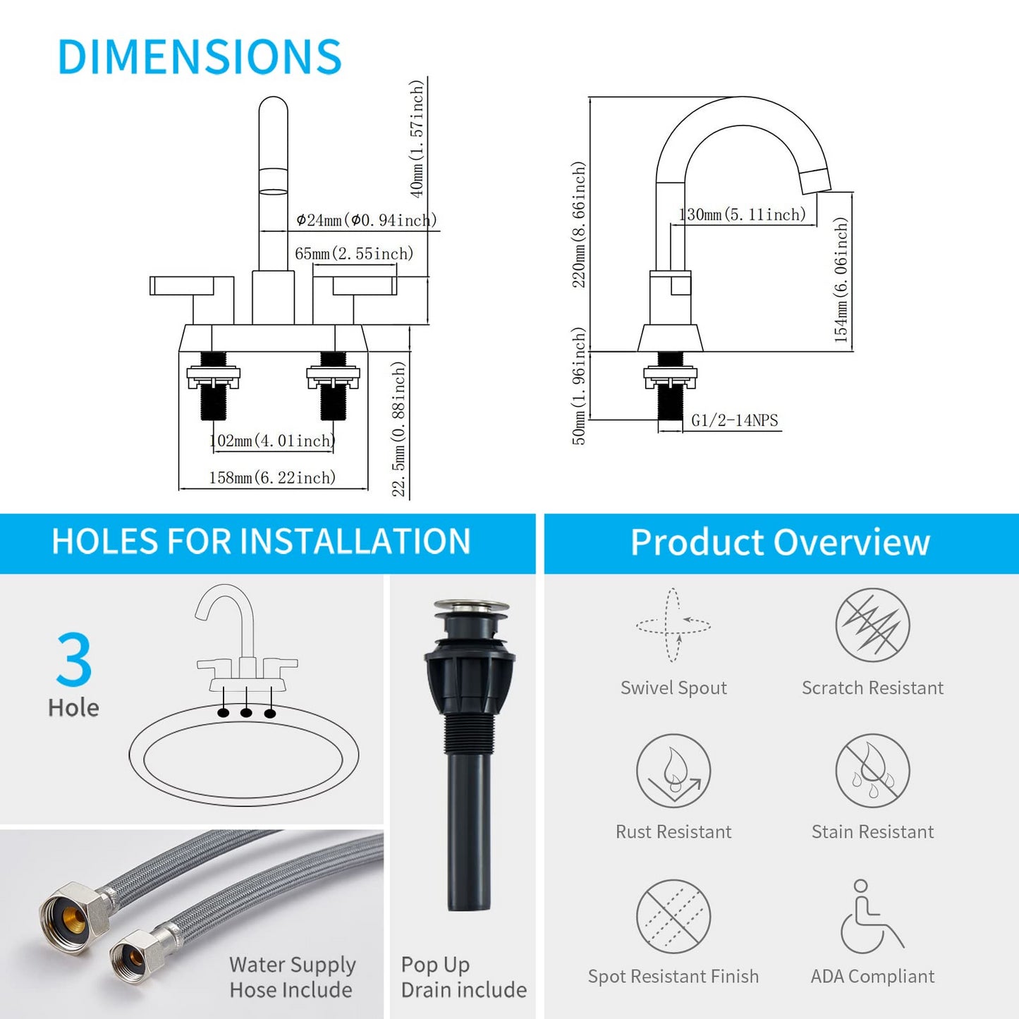 Bathroom Faucet 2 Handle Centerset Bathroom Sink Faucet with Pop Up Drain Assembly, 4 Inches Bathroom Vanity Lavatory Faucet 3 Holes Brushed Nickel[Unable to ship on weekends, please place orders with