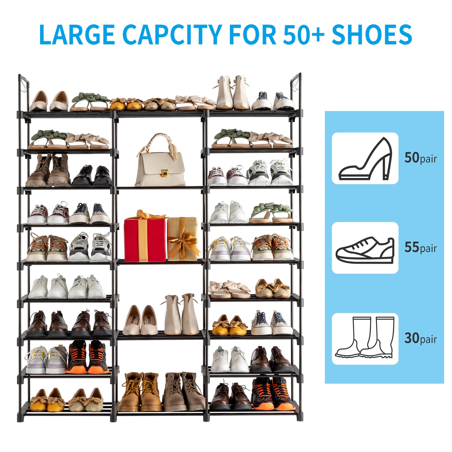 9 Tiers Shoe Rack Storage Organizer Shoe Shelf Organizer for Entryway Holds 50-55 Pairs Shoe, Stackable Shoe Cabinet Shoe Rack