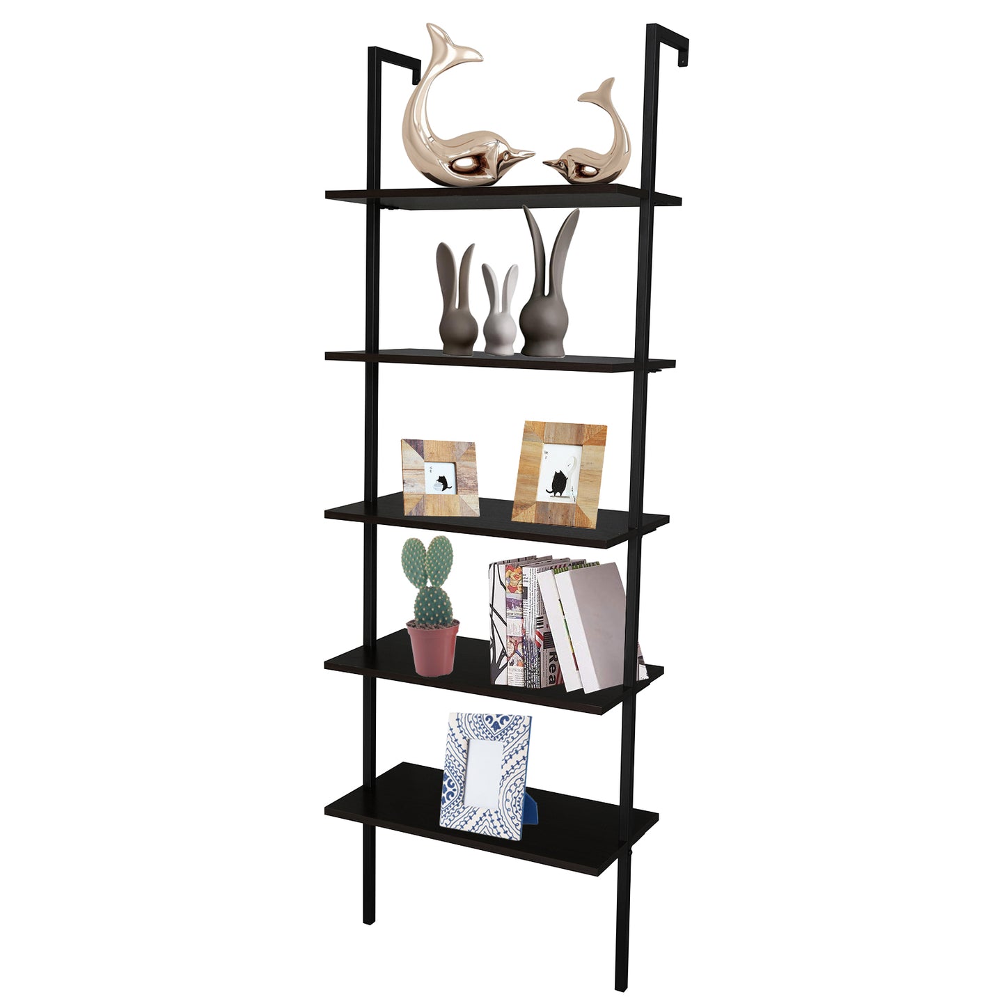 5-Shelf Wood Ladder Bookcase with Metal Frame, Industrial 5-Tier Modern Ladder Shelf Wood Shelves,Dark Walnut