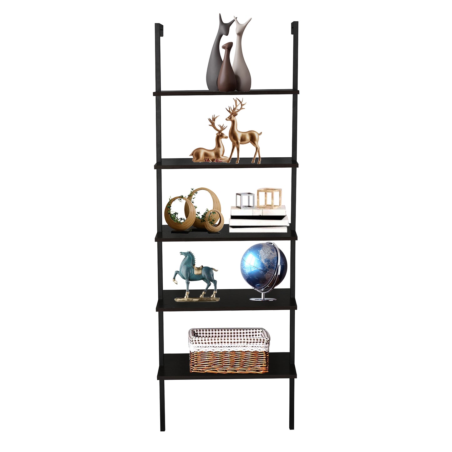 5-Shelf Wood Ladder Bookcase with Metal Frame, Industrial 5-Tier Modern Ladder Shelf Wood Shelves,Dark Walnut