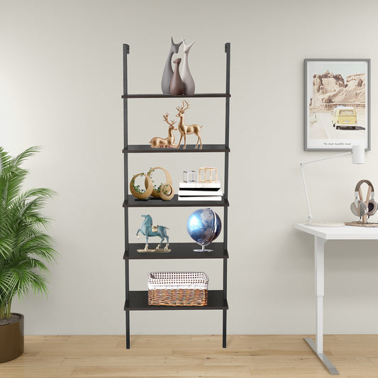 5-Shelf Wood Ladder Bookcase with Metal Frame, Industrial 5-Tier Modern Ladder Shelf Wood Shelves,Dark Walnut