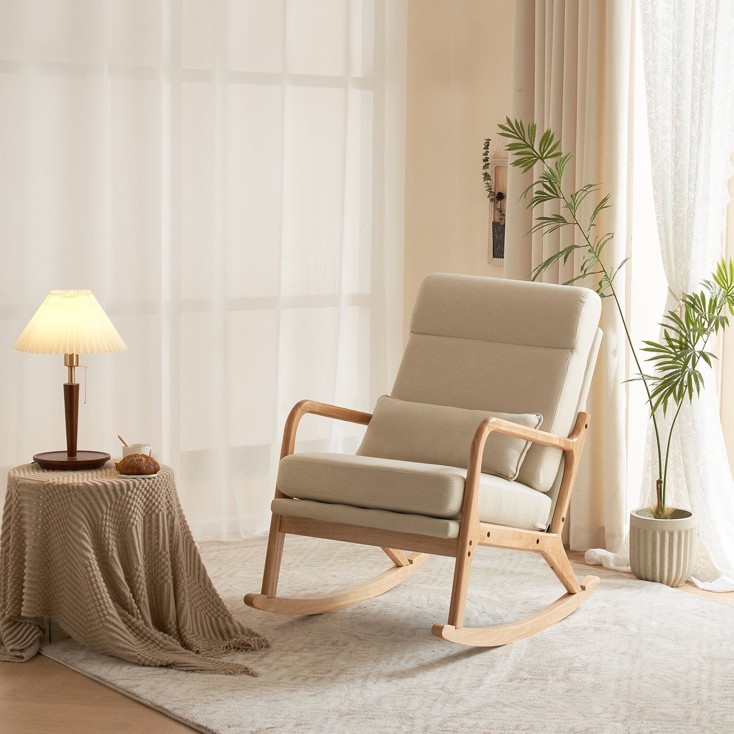 100*65*101cm High Back Belt Waist Pillow Log Color Solid Wood Armrest Backrest Seat Frame Iron Frame  Indoor Rocking Chair/armchair dual use Off-white Linen