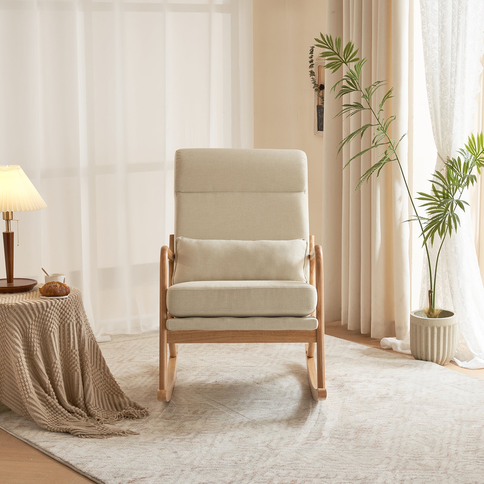 100*65*101cm High Back Belt Waist Pillow Log Color Solid Wood Armrest Backrest Seat Frame Iron Frame  Indoor Rocking Chair/armchair dual use Off-white Linen